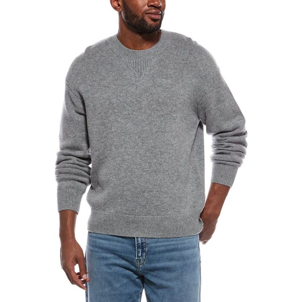 Frame Denim Mens Suede Patch Wool & Cashmere-Blend Crewneck Sweater, Gray